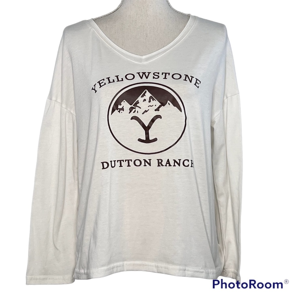 Yellowstone Dutton Ranch White Long Sleeve T-Shirt Brown Spellout Womens Size S